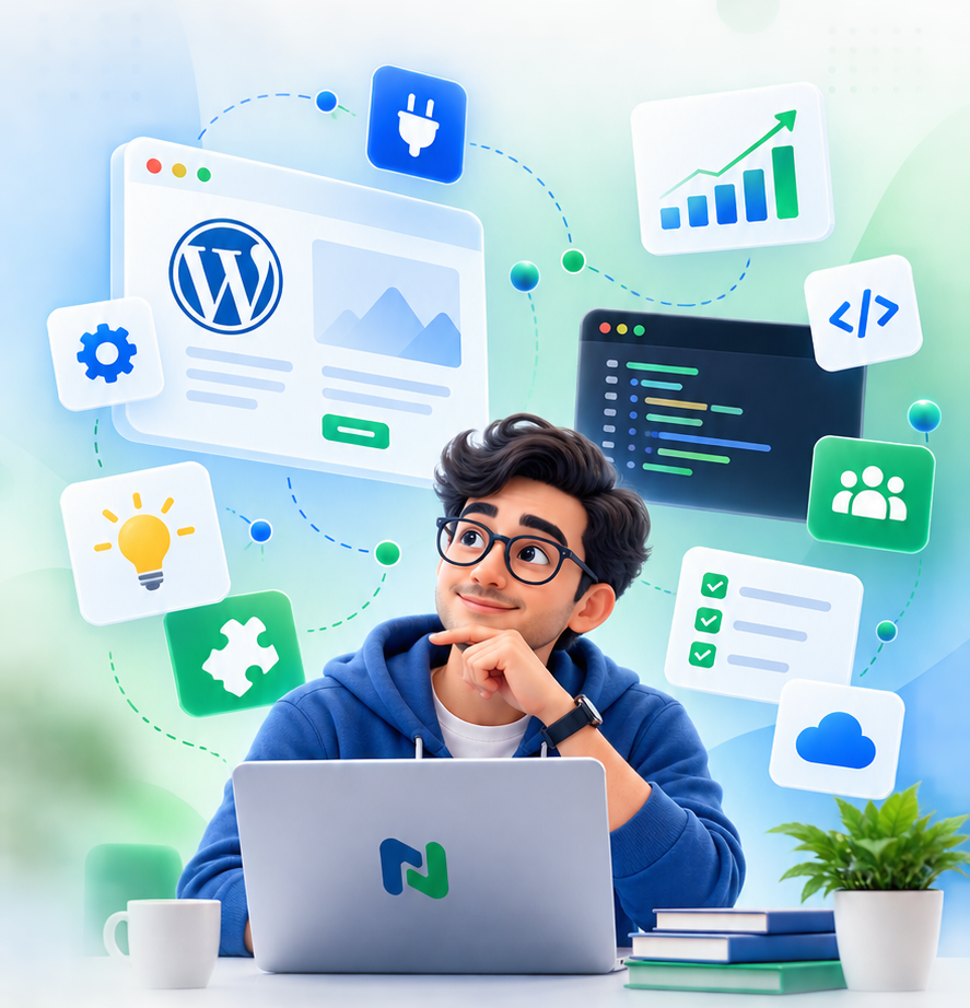 Illustration of a developer surrounded by WordPress, plugin, code and integration icons